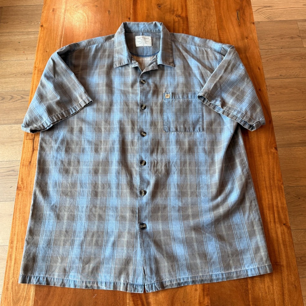 Life is Good Mens' Blue/Gray 100% Cotton Short Sleeve Button Up Shirt Size L
